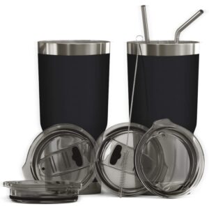 bluepeak double wall vacuum stainless steel insulated tumblers set, 2-pack - includes 2 sipping lids, 2 spill-proof sliding lids, 2 straws, 1 cleaning brush & gift box (30 oz, black)