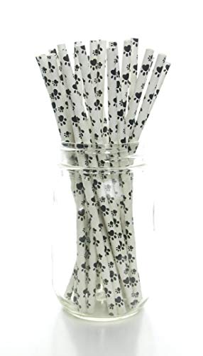 Black Puppy Paw Print Straws (25 Pack) - Dog Paws Pattern Paper Straws, Doggy Party Supplies, Animal Fabric Print Drinking Straws