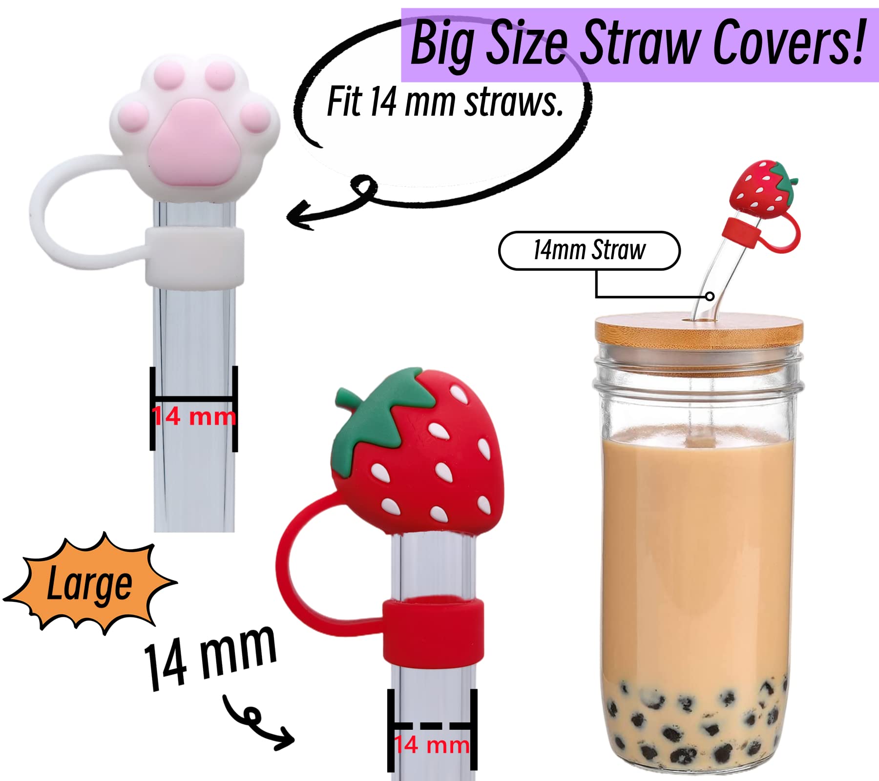 4PCS Straw Covers for Boba Straws, 12mm & 14mm Silicone Straw Tips for Wide straws Large straws Jumbo Straws Smoothie Straws Reusable Straws Glass Straw Silicone Straws