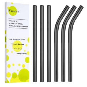 vannise reusable smoothie straws & milkshake straws 0.4" wide mouth straw, set of 6 stainless steel straws 8.5"&10.5" with 1 long straw cleaner brush，black metal straws for jumbo thicker drinks