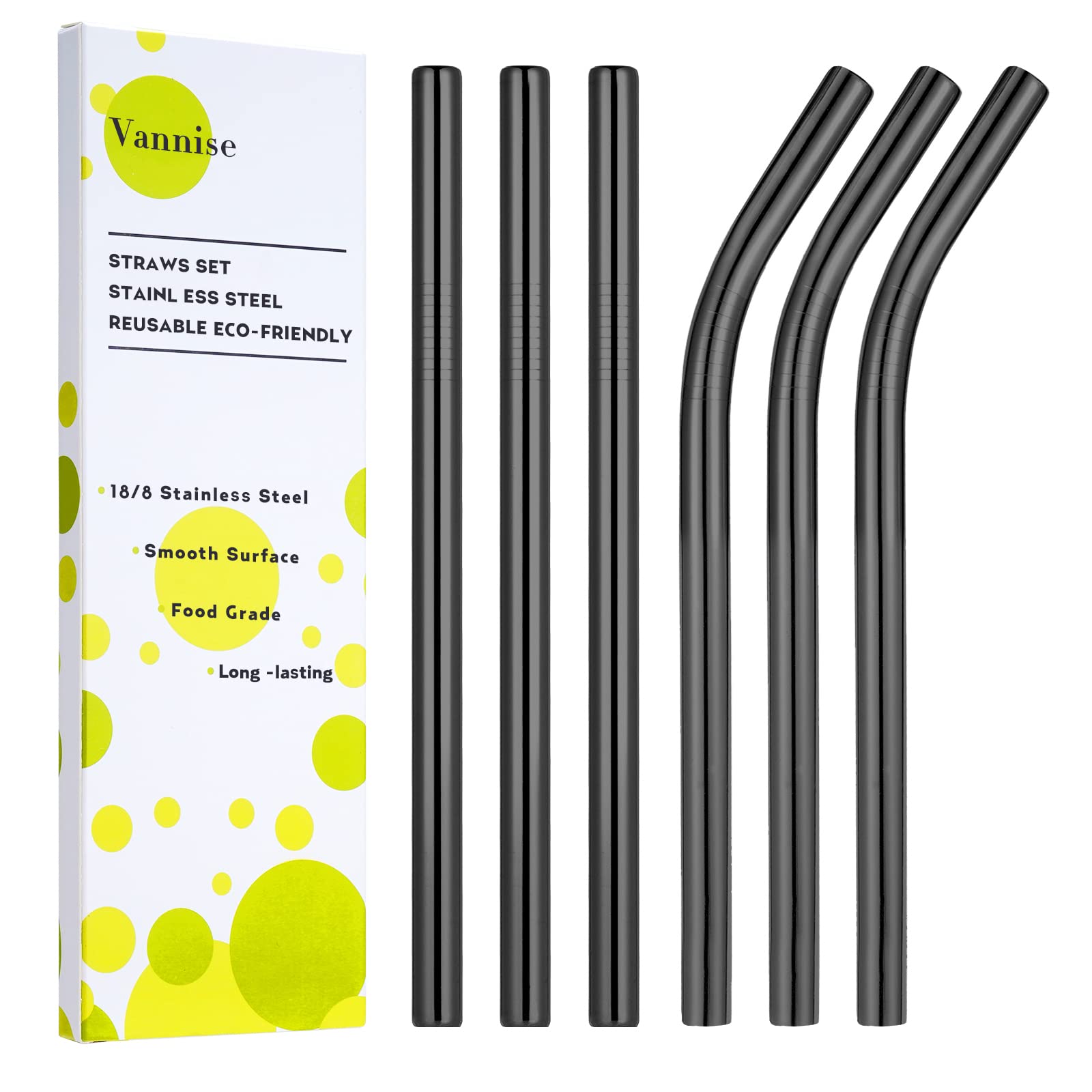 Vannise Reusable Smoothie Straws & Milkshake Straws 0.4" Wide Mouth Straw, Set of 6 Stainless Steel Straws 8.5"&10.5" with 1 Long Straw Cleaner Brush，Black Metal Straws for Jumbo Thicker Drinks