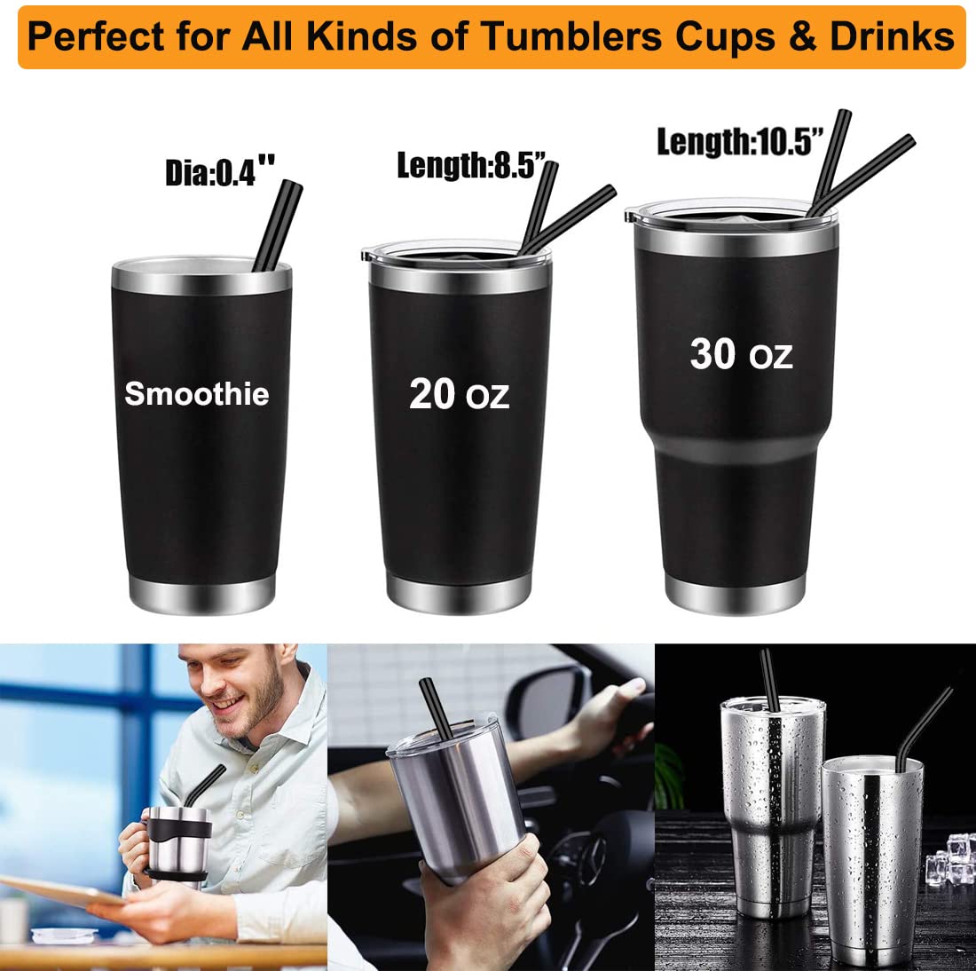 Vannise Reusable Smoothie Straws & Milkshake Straws 0.4" Wide Mouth Straw, Set of 6 Stainless Steel Straws 8.5"&10.5" with 1 Long Straw Cleaner Brush，Black Metal Straws for Jumbo Thicker Drinks