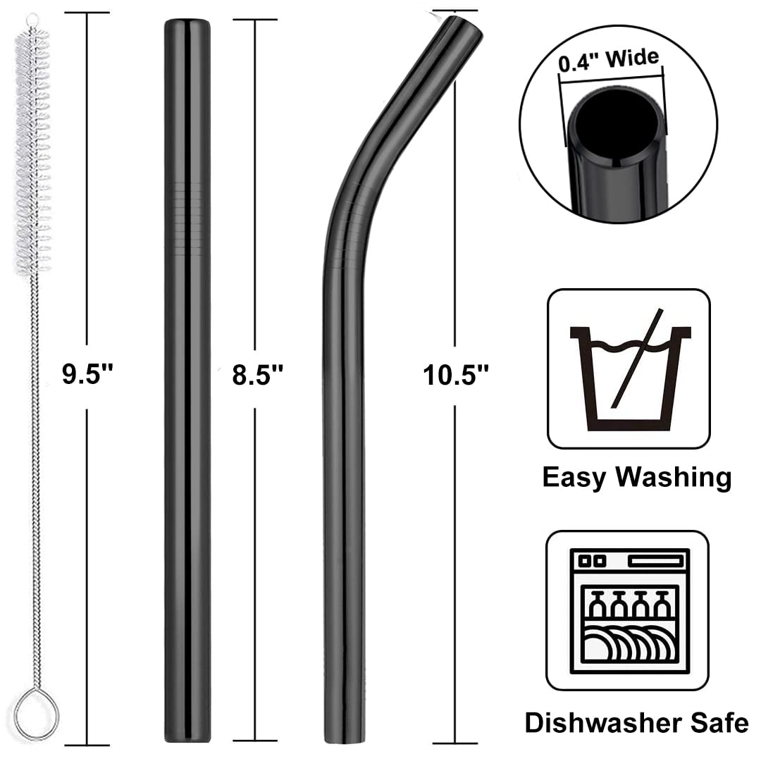 Vannise Reusable Smoothie Straws & Milkshake Straws 0.4" Wide Mouth Straw, Set of 6 Stainless Steel Straws 8.5"&10.5" with 1 Long Straw Cleaner Brush，Black Metal Straws for Jumbo Thicker Drinks