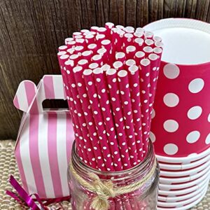 Paper Straws - Hot Pink White Polka Dot - Valentine's Day Birthday Party Supply - 7.75 Inches - Pack of 100 Outside the Box Papers Brand