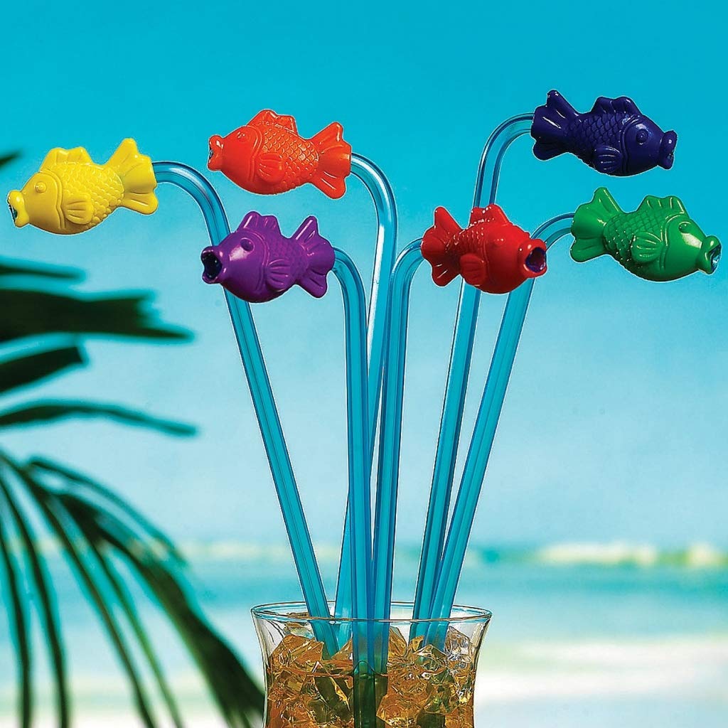Fun Express Plastic Tropical Fish Straws - Pack of 12