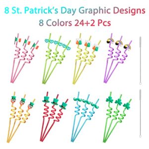 24 St. Patrick’s Day Party Accessories St Patricks Day Favors Shamrock Drinking Straws for Lucky Irish Party Saint Patrick Party Supplies Decorations with 2 PCS Straws Cleaning Brush