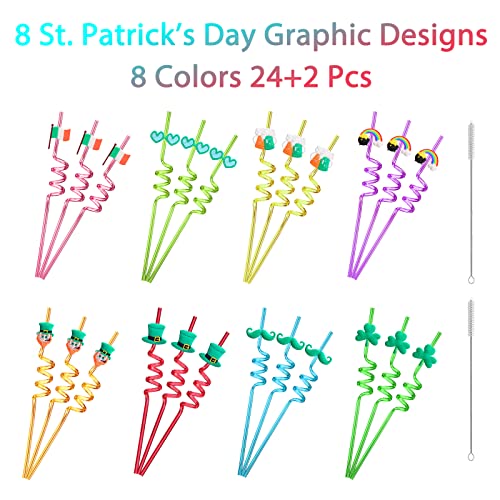 24 St. Patrick’s Day Party Accessories St Patricks Day Favors Shamrock Drinking Straws for Lucky Irish Party Saint Patrick Party Supplies Decorations with 2 PCS Straws Cleaning Brush