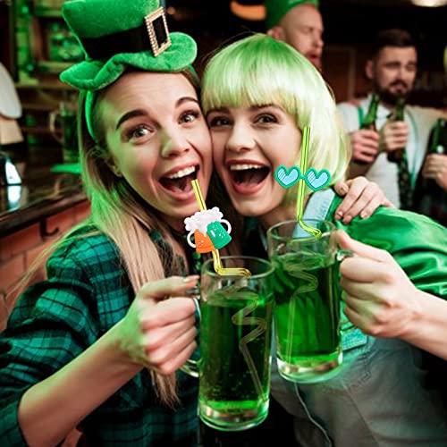 24 St. Patrick’s Day Party Accessories St Patricks Day Favors Shamrock Drinking Straws for Lucky Irish Party Saint Patrick Party Supplies Decorations with 2 PCS Straws Cleaning Brush