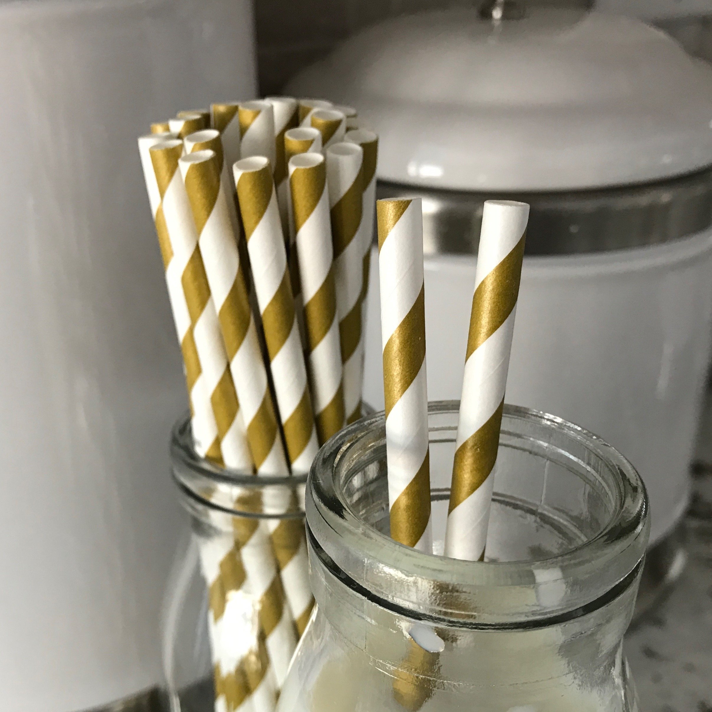 Striped Paper Straws - Gold White - Christmas Holiday Wedding Anniversary Supply - 7.75 Inches - 50 Pack - Outside the Box Papers Brand
