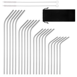 reusable stainless steel drinking straws, 20 pcs 4 size - 6.3'' 7.1'' 8.5'' 10.5'', bpa free long short smoothie drinking curved bent straws with 2 brushes and carry bag, fit for 10/20/30 oz tumblers