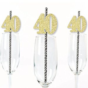 gold glitter 40 party straws - no-mess real gold glitter cut-out numbers & decorative 40th birthday party paper straws - set of 24