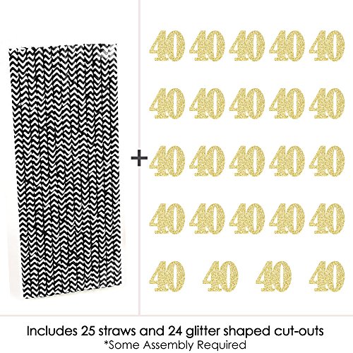 Gold Glitter 40 Party Straws - No-Mess Real Gold Glitter Cut-Out Numbers & Decorative 40th Birthday Party Paper Straws - Set of 24