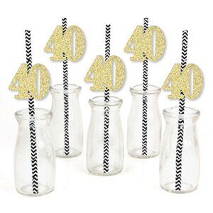 Gold Glitter 40 Party Straws - No-Mess Real Gold Glitter Cut-Out Numbers & Decorative 40th Birthday Party Paper Straws - Set of 24