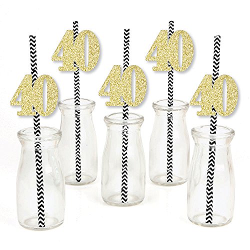 Gold Glitter 40 Party Straws - No-Mess Real Gold Glitter Cut-Out Numbers & Decorative 40th Birthday Party Paper Straws - Set of 24