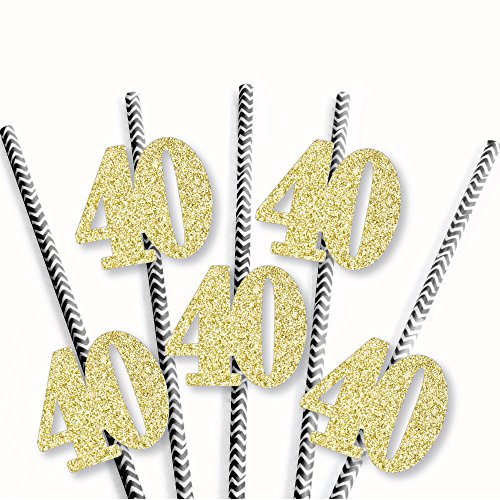 Gold Glitter 40 Party Straws - No-Mess Real Gold Glitter Cut-Out Numbers & Decorative 40th Birthday Party Paper Straws - Set of 24