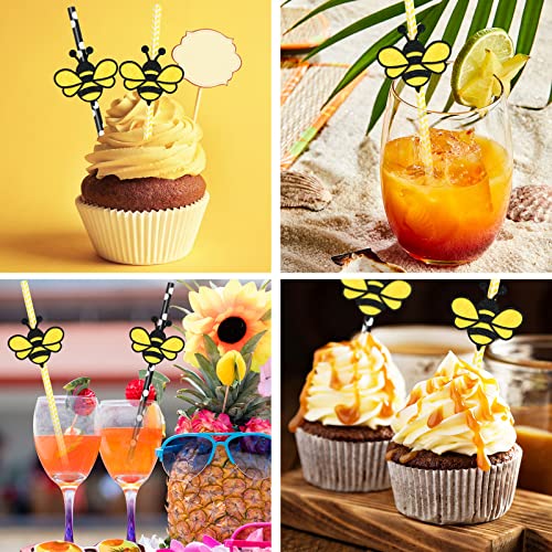 Whaline 100Pcs Summer Paper Straws Glitter Bee Disposable Paper Straws Yellow Black Dot Stripe Bee Decorative Straws Baby Shower Drinking Straw for Bee Day Party Supplies Juices Shakes Cocktail Decor
