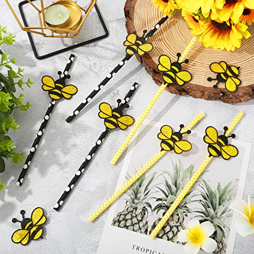 Whaline 100Pcs Summer Paper Straws Glitter Bee Disposable Paper Straws Yellow Black Dot Stripe Bee Decorative Straws Baby Shower Drinking Straw for Bee Day Party Supplies Juices Shakes Cocktail Decor