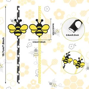 Whaline 100Pcs Summer Paper Straws Glitter Bee Disposable Paper Straws Yellow Black Dot Stripe Bee Decorative Straws Baby Shower Drinking Straw for Bee Day Party Supplies Juices Shakes Cocktail Decor