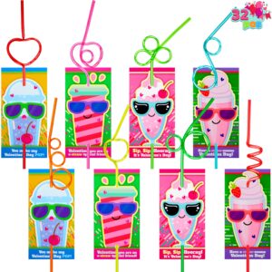 joyin 32 pack valentines day straws with cards, colorful crazy reusable drinking straws for kids, valentines day gift, classroom exchange prizes, valentine party favors gifts