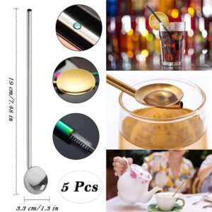 AKOAK 5 Pcs Stainless Steel Straw Spoon, Tea Spoon with Straw, Reusable Metal Cocktail Spoon, Perfect for Iced Coffee, Iced Tea, Juice, Smoothies, Milkshakes, for Drinking, Mixing and Stirring