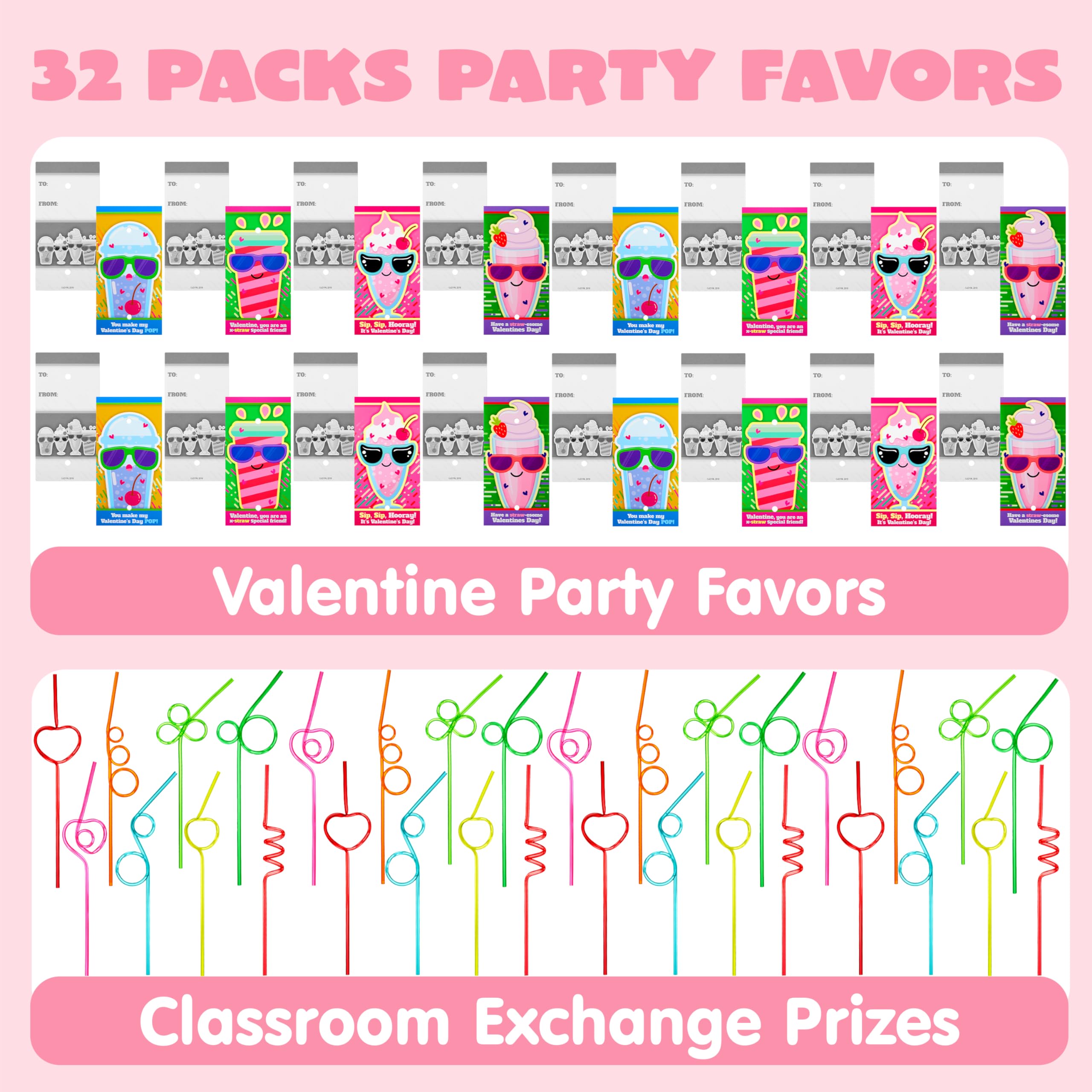 JOYIN 32 Pack valentines day Straws with Cards, Colorful Crazy Reusable Drinking Straws for kids, Valentines Day Gift, Classroom Exchange Prizes, Valentine Party Favors Gifts