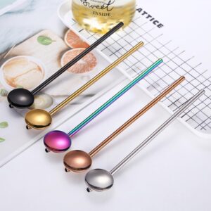 AKOAK 5 Pcs Stainless Steel Straw Spoon, Tea Spoon with Straw, Reusable Metal Cocktail Spoon, Perfect for Iced Coffee, Iced Tea, Juice, Smoothies, Milkshakes, for Drinking, Mixing and Stirring