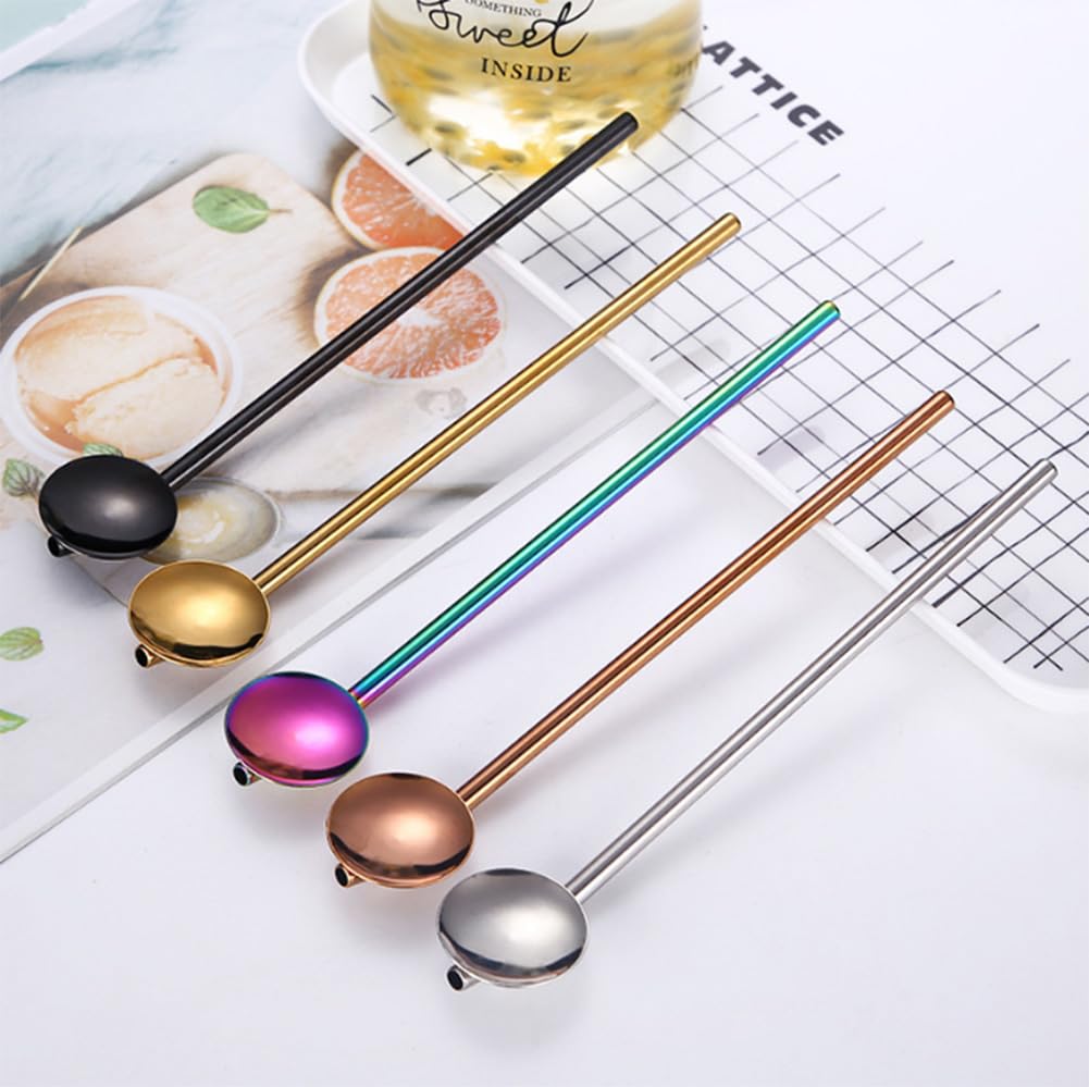 AKOAK 5 Pcs Stainless Steel Straw Spoon, Tea Spoon with Straw, Reusable Metal Cocktail Spoon, Perfect for Iced Coffee, Iced Tea, Juice, Smoothies, Milkshakes, for Drinking, Mixing and Stirring