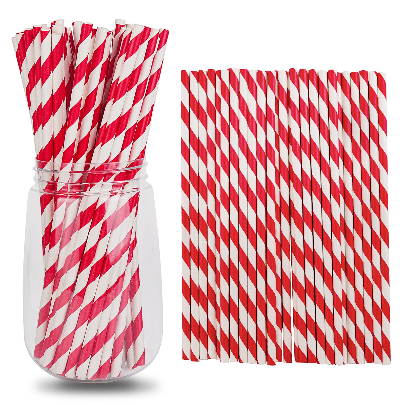 Go Green 250-Pack Red&White Paper Drinking Straws, 7.75 inch Disposable Striped Paper Straws, Natural Eco Friendly Biodegradable Drinking Straws, Party Decoration Supplies