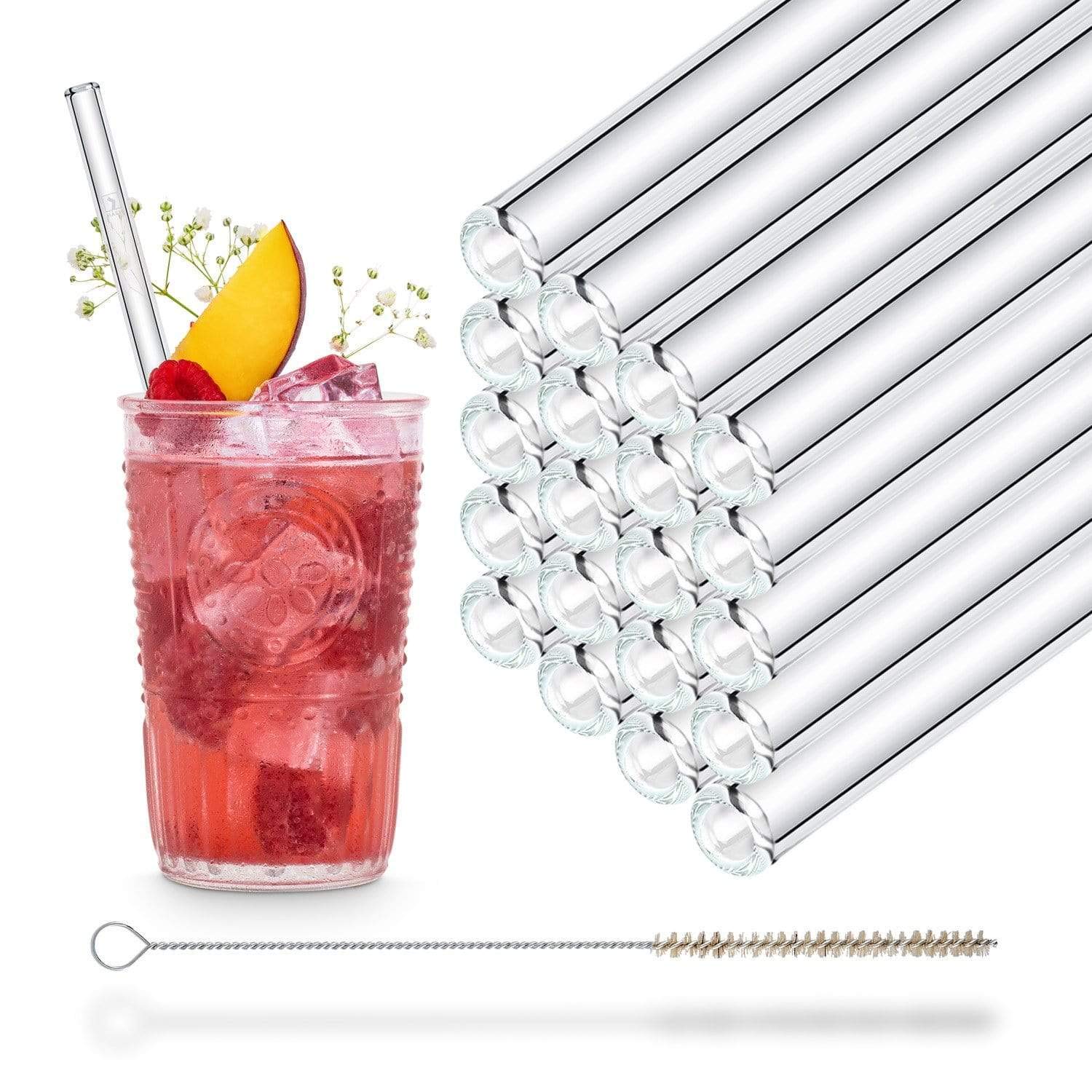 HALM Glass Straws - 20x 8 Inch Reusable Drinking Straws + Plastic-Free Cleaning Brush - Dishwasher Safe - Eco-Friendly - Perfect for Parties, Cocktails - Made in Germany