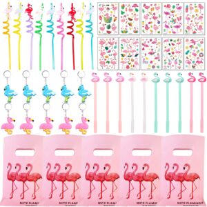 joymemo 50 pcs flamingo party favors set, flamingo gift bags, key chains, drinking straws, temporary tattoos and pens, hawaii tropical summer birthday party supplies for kids teens