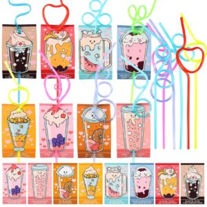 AOJOYS Valentines Day Cards for Kids 32 Pack - 32 Colorful Valentine Gift Cards + 32 Lovely Loops Reusable Drinking Straws for Classroom Exchange Prizes, Valentine Party Favors