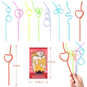 AOJOYS Valentines Day Cards for Kids 32 Pack - 32 Colorful Valentine Gift Cards + 32 Lovely Loops Reusable Drinking Straws for Classroom Exchange Prizes, Valentine Party Favors