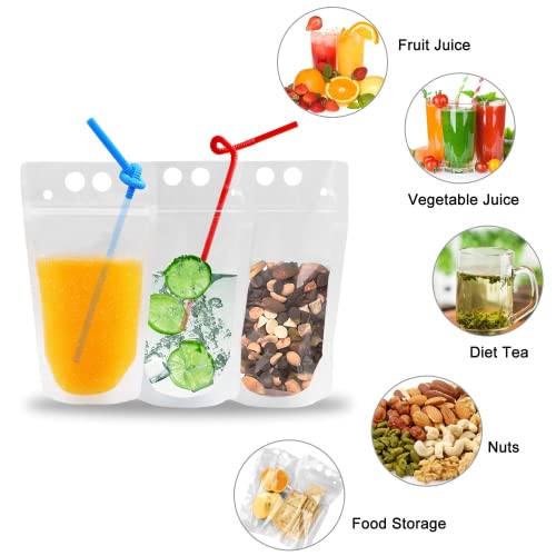 100PCS Drink Pouches with 100 Drink Straws, Reusable Smoothie Bags Juice Pouches, Heavy Duty Hand-Held Translucent Reclosable Zipper Plastic Ice Drink Pouches for Adults and Kids