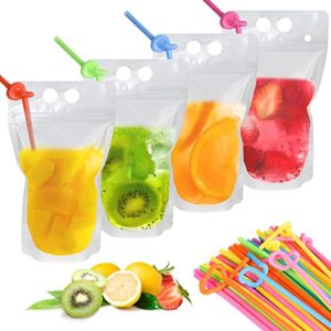 100pcs drink pouches with 100 drink straws, reusable smoothie bags juice pouches, heavy duty hand-held translucent reclosable zipper plastic ice drink pouches for adults and kids