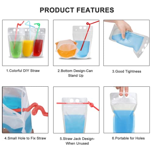 100PCS Drink Pouches with 100 Drink Straws, Reusable Smoothie Bags Juice Pouches, Heavy Duty Hand-Held Translucent Reclosable Zipper Plastic Ice Drink Pouches for Adults and Kids