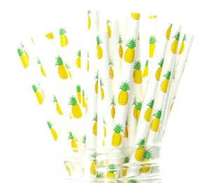 pineapple straws (25 pack) - beach party supplies, summer fruit paper straws, tropical pool party decorations, straws with pineapples, picnics, bbqs