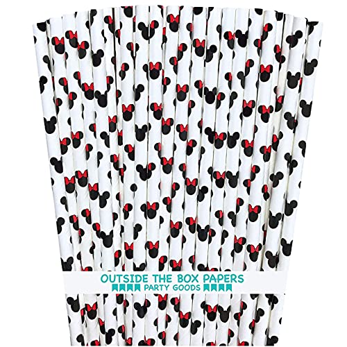 Mickey and Minnie Mouse Inspired Paper Straws - Black Red White - 7.75 Inches - 100 Pack - Outside the Box Papers Brand