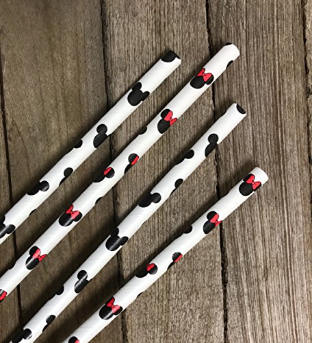 Mickey and Minnie Mouse Inspired Paper Straws - Black Red White - 7.75 Inches - 100 Pack - Outside the Box Papers Brand