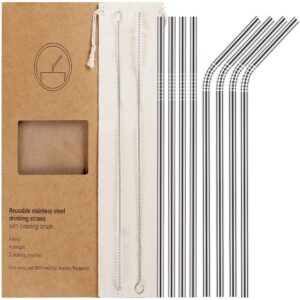 yihong 8 pcs reusable metal drinking straws - 8.5inch stainless steel straws - 6mm diameter wide- compatible with 20oz yeti tumblers - for cold beverage - 4 straight + 4 bent + 2 brushes+1 pouch