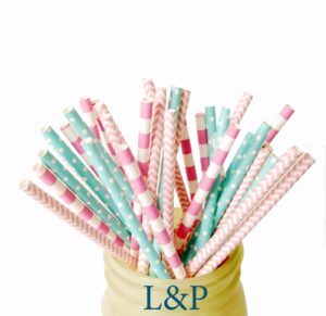 charmed paper straw in aqua pink and hot candy pink stripe and polka dot (pack of 75)