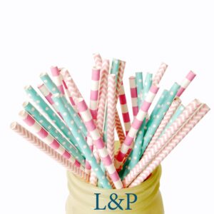 Charmed paper straw in aqua pink and hot candy pink stripe and polka dot (Pack of 75)