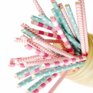 Charmed paper straw in aqua pink and hot candy pink stripe and polka dot (Pack of 75)