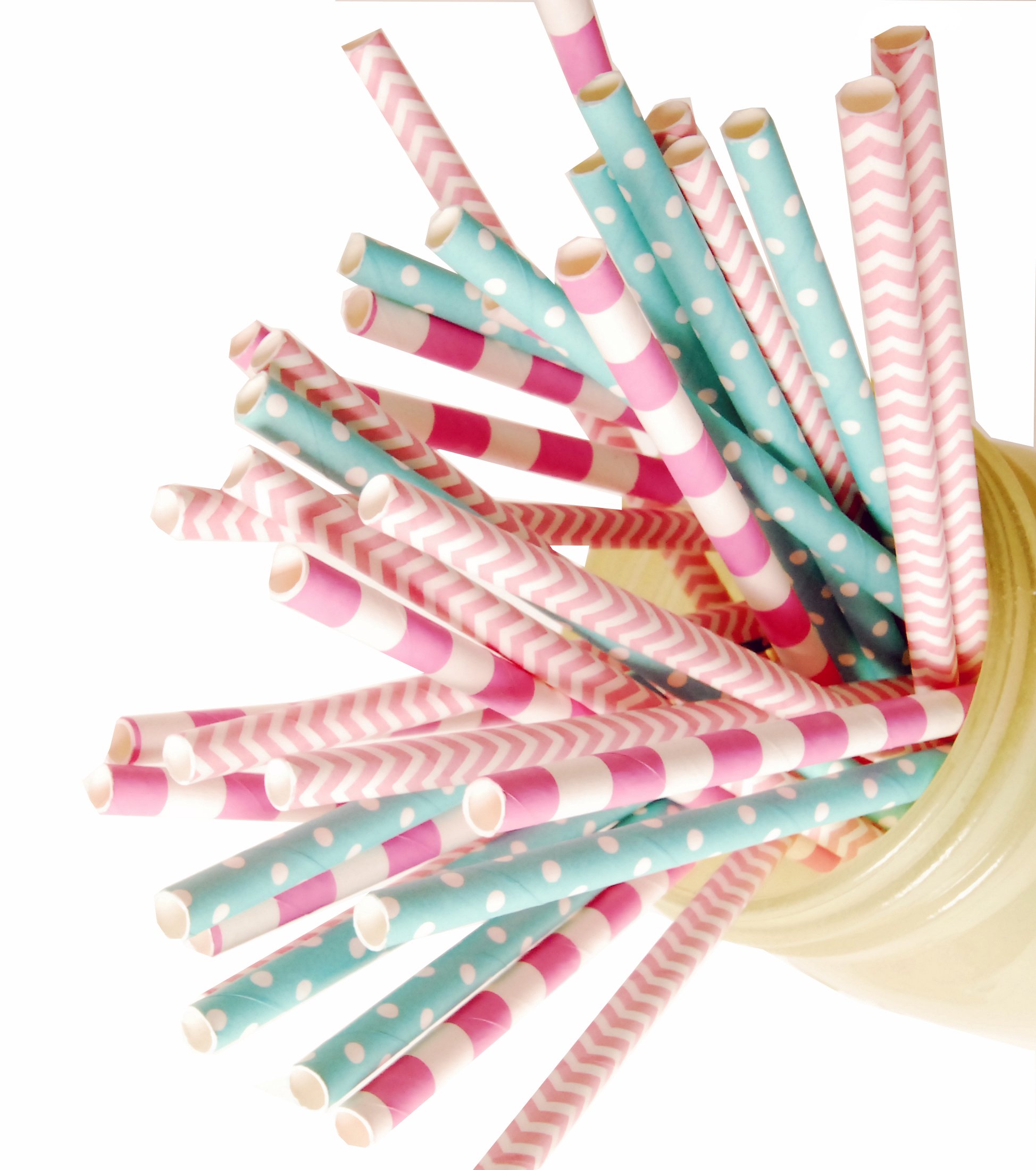 Charmed paper straw in aqua pink and hot candy pink stripe and polka dot (Pack of 75)