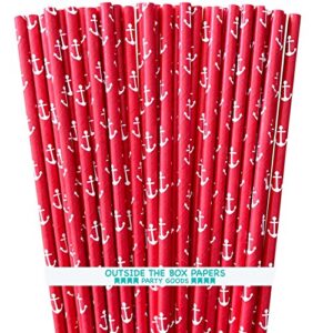 anchor nautical themed paper straws - red and white - 7.75 inches - 100 pack - outside the box papers brand