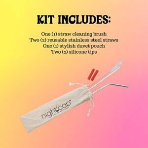 NightCap Straw Kit - The Eco Friendly Complement to Your NightCap with 2 Reusable Stainless Steel Straws, Straw Brush, Carrying Pouch, and 2 Silicone Tips - Ideal Drinking Straws for Home and Travel