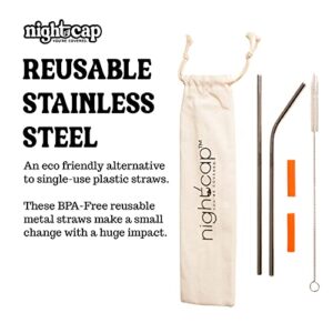 NightCap Straw Kit - The Eco Friendly Complement to Your NightCap with 2 Reusable Stainless Steel Straws, Straw Brush, Carrying Pouch, and 2 Silicone Tips - Ideal Drinking Straws for Home and Travel