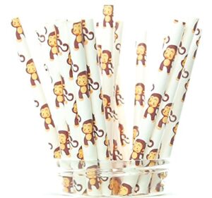 monkey party straws (25 pack) - jungle party supplies, brown safari paper straws, zoo kids birthday party decorations, straws with monkeys