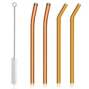 jomihoney 4 pack reusable bent glass drinking straws - 7" x 8 mm - glass smoothie straws with cleaning brush, replacement straws leak-proof glass tumbler cup