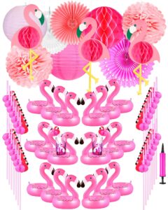 97 pieces flamingo party decorations set, including 36 inflatable drink floats 50 pink flamingo straws 11 pink flamingo party decorations reusable pool drink holder plastic drinking straws for party