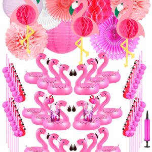 97 Pieces Flamingo Party Decorations Set, Including 36 Inflatable Drink Floats 50 Pink Flamingo Straws 11 Pink Flamingo Party Decorations Reusable Pool Drink Holder Plastic Drinking Straws for Party
